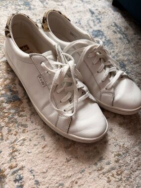 kate spade White Leather Lace-Up Sneakers with Leopard Heel Accent